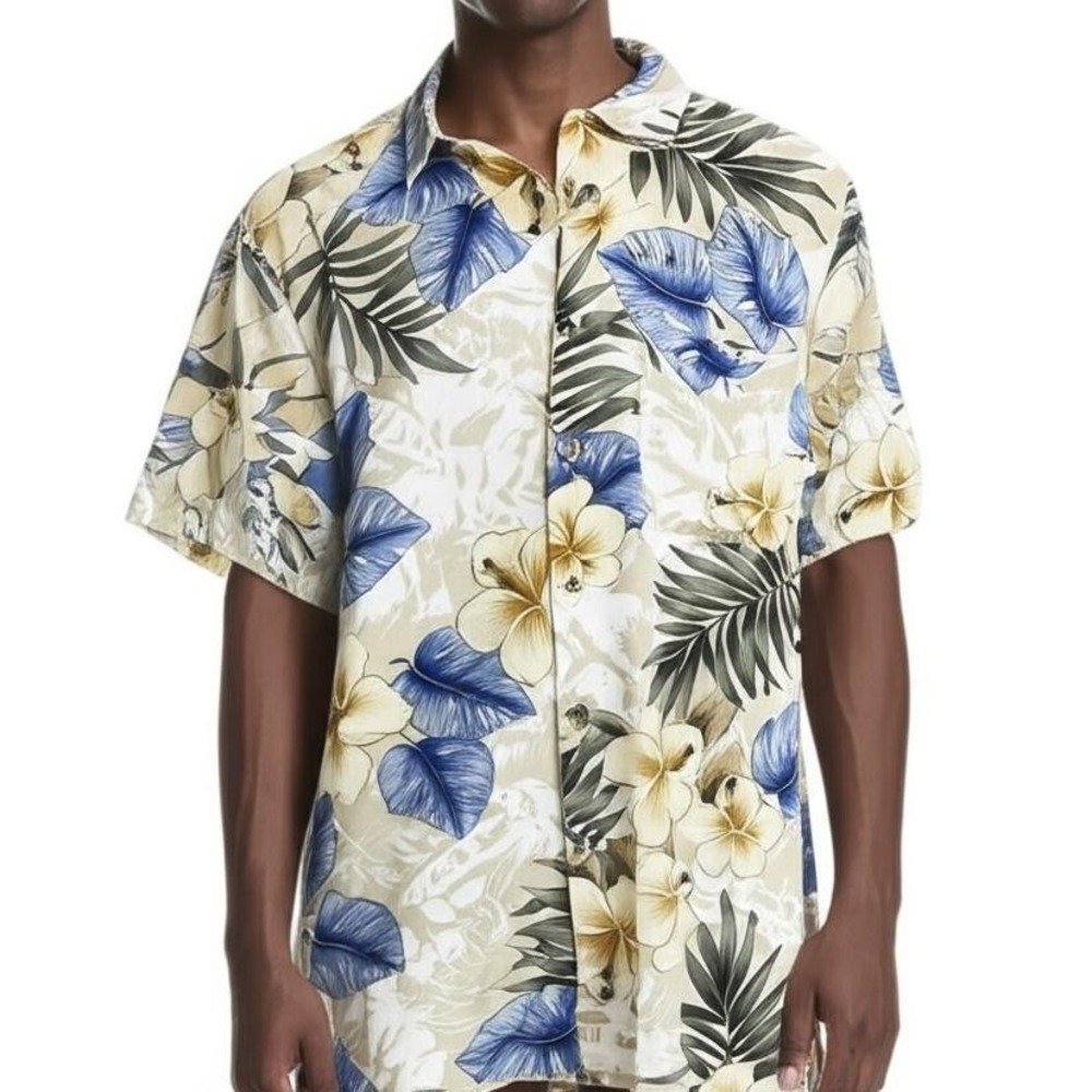 Caribbean BLUES Hawaiian Shirt Mens Lg Floral Short Sleeve Tropical Aloha